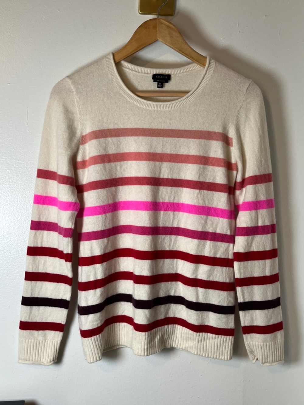 Talbots Pink & Red Horizontal Stripe 100% Cashmere Crewneck Sweater Sz M